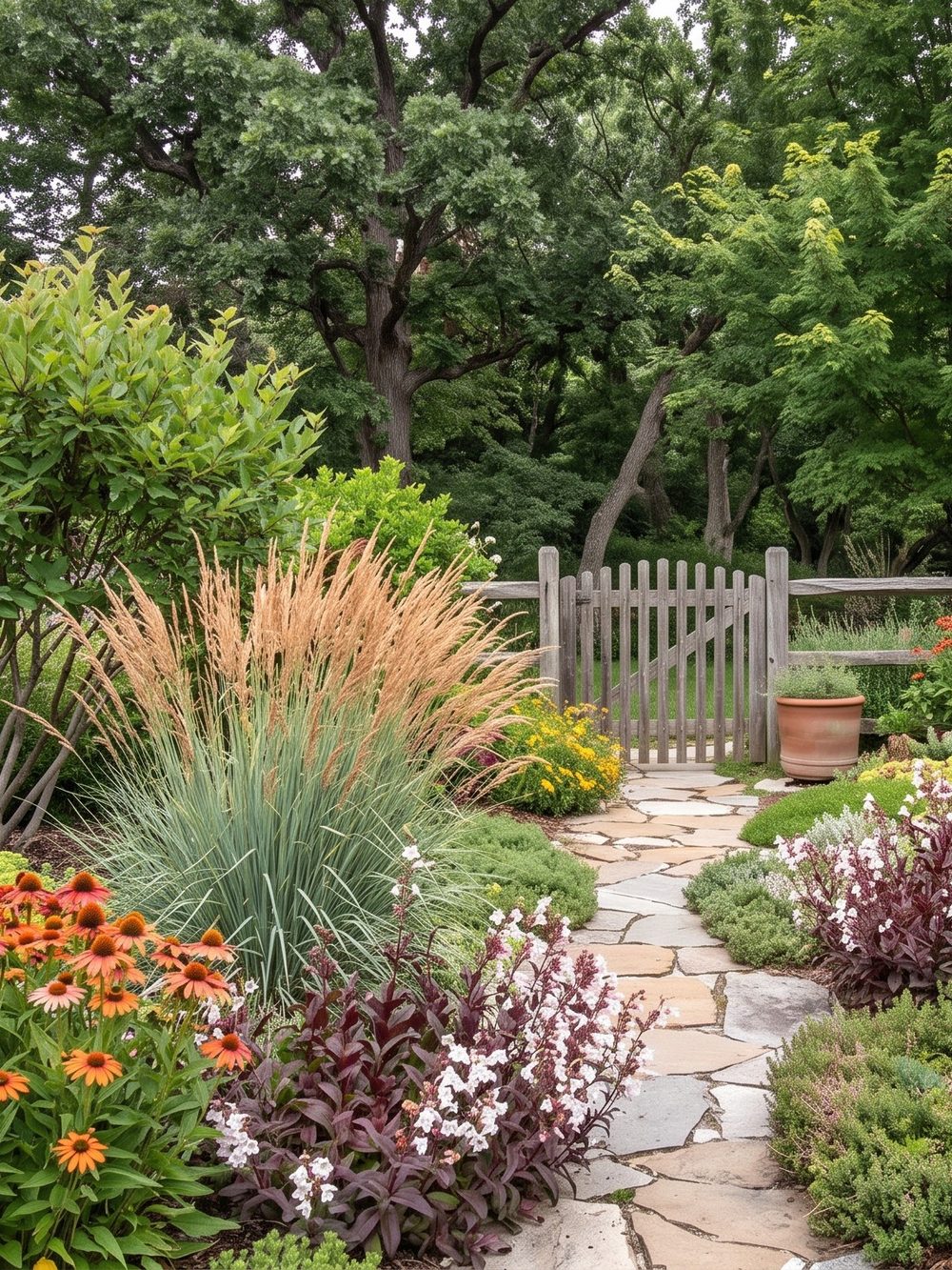 A dry temperate garden: coneflower, liatris and ornamental grasses giving way to sedum and prickly pear along a flagstone path